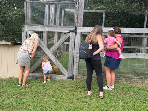 Group of people, including children, interacting with a wooden chicken coop in an outdoor setting.